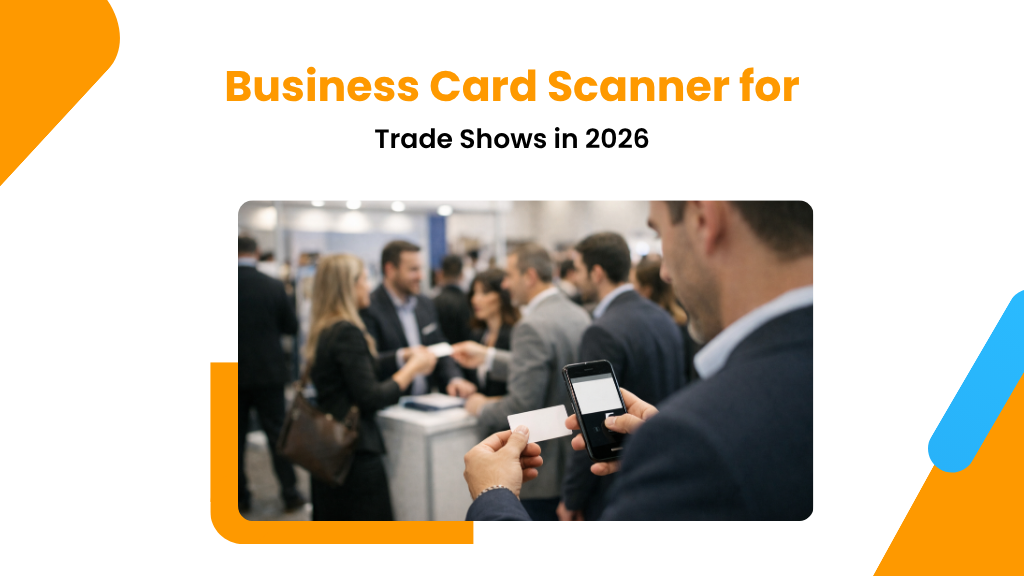 Professional using a business card scanning app to capture contact details instantly at a busy trade show event