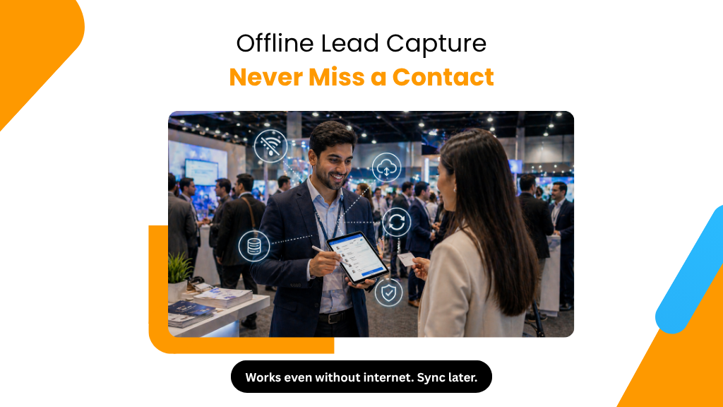 AI CardVault app in offline mode capturing and saving a business card lead at a low-network trade show event