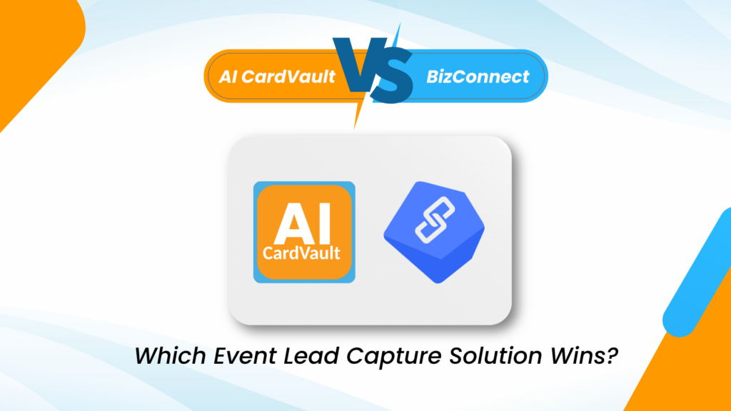 Comparison graphic of AI CardVault and BizConnect business card scanner app for trade shows