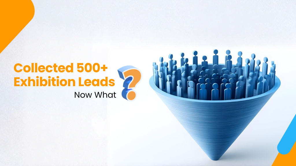 Business card scanner app funnel filled with blue human figures representing 500+ collected exhibition leads